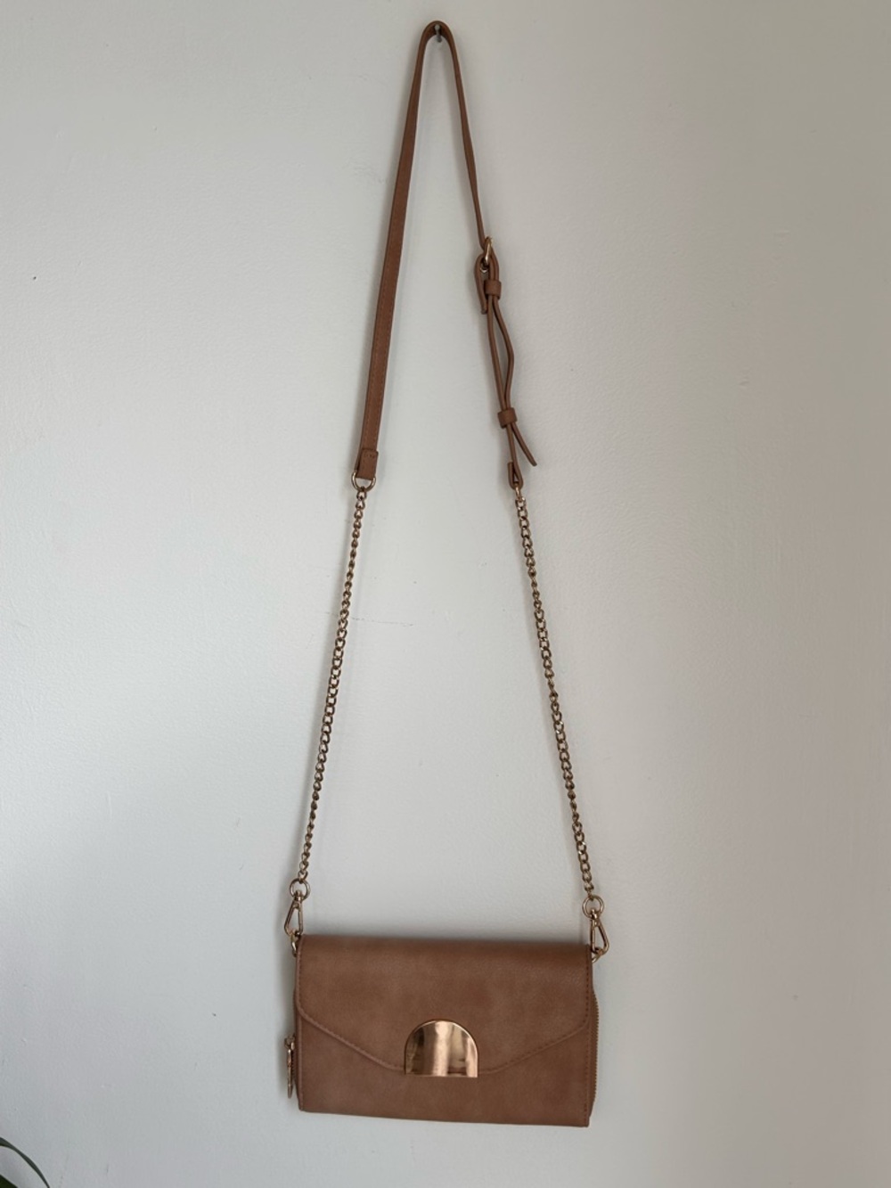 Neutral Tan Leather Envelope Clutch with Gold Tone Accent